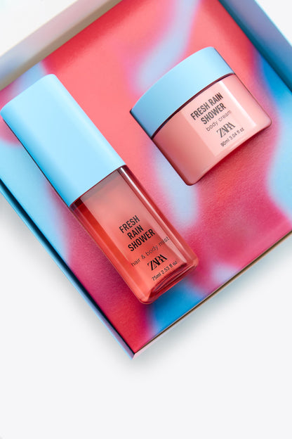 FRESH RAIN SHOWER HAIR & BODY MIST 75ML (2.54 FL.OZ) + BODY CREAM 90ML (3.04 FL.OZ).
